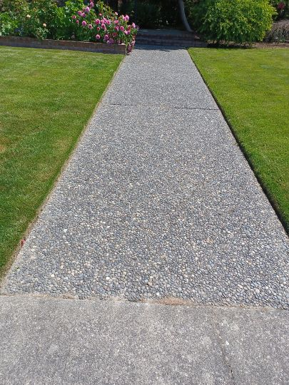 Clean concrete walkway cutting through green lawn with nice edging, featuring landscaping with shrubs and flowers in background.